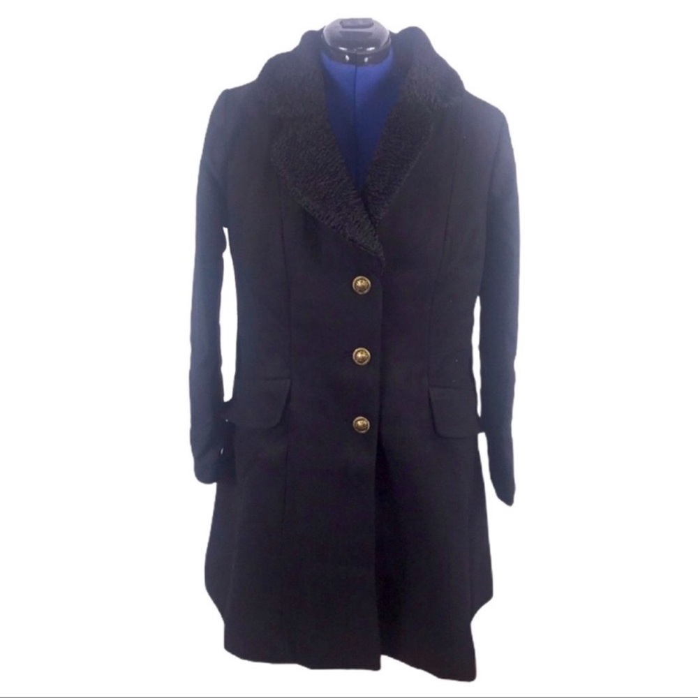 NIB/NWT Ellos 14 black fleece collar gold 3 button enclosure wool blend coat